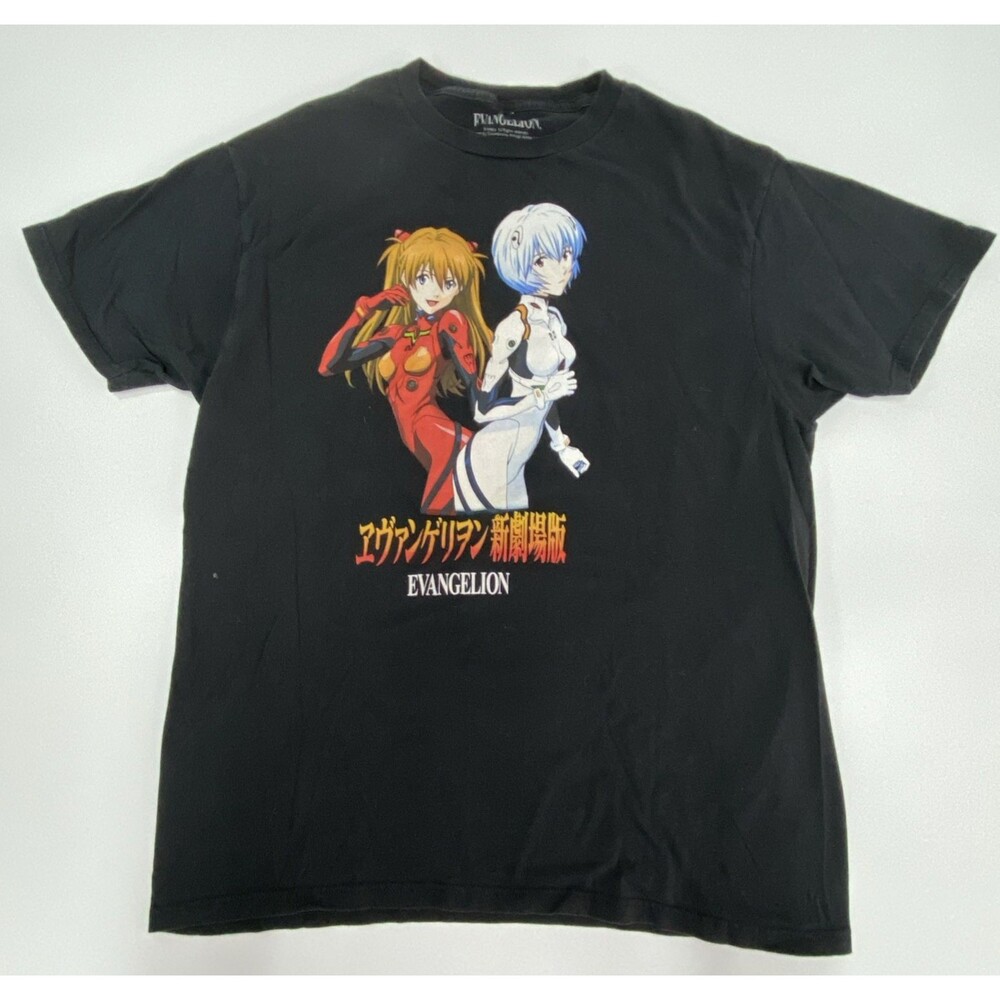 Evangelion Anime T-Shirt Men's Large Black Asuka Rei Graphic 100% Cotton